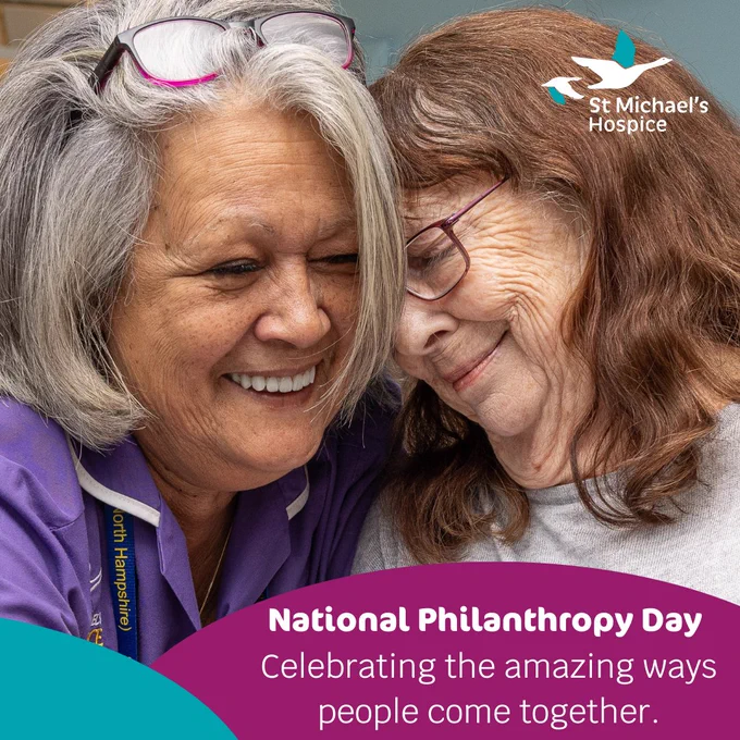 Image of  nurse and patient hugging and smiling. text: National Philanthropy Day - Celebrating the amazing ways people come together.