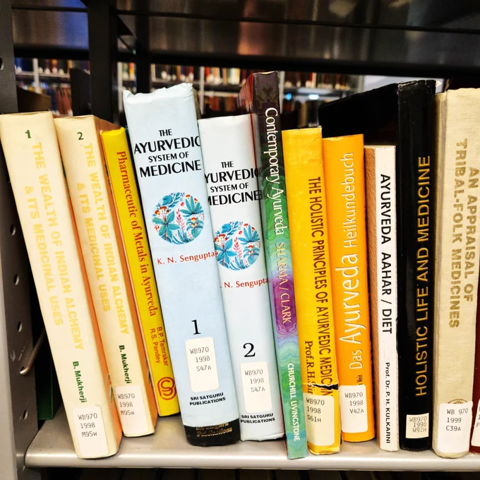 A shelf on Indian medicine: “The Ayurvedic System of Medicine”, “Pharmaceutic of Metals in Ayrveda” “An Appraisal of Tribal-Folk Medicines”...