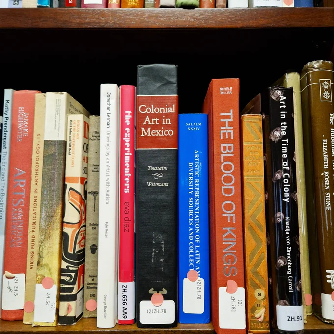 Finally a shelf on art: “Colonial Art in Mexico”, “The Blood of Kings”, “Drawings by an Artist with Autism”..