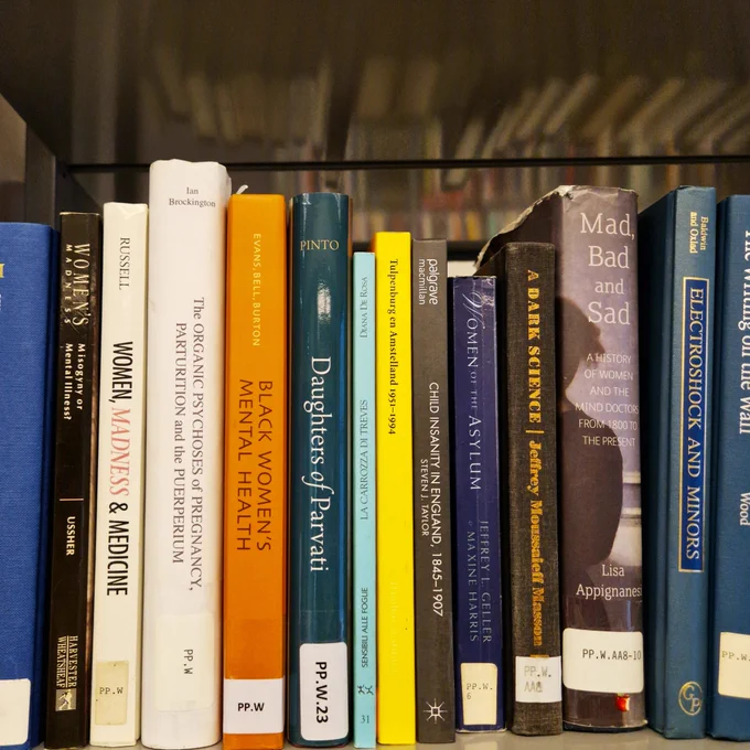 A shelf on mental health: “Misogyny or Mental Illness?”, “Daughters of Parvati”, “Child Insanity in England, 1845 - 1907”, “Mad, Bad and Sad: A History of women and the mind…”