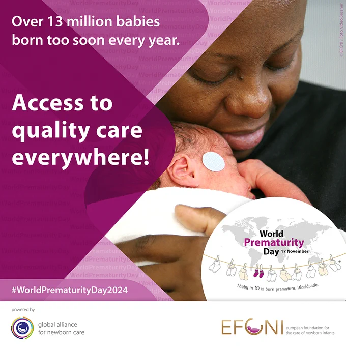 Image for World Prematurity Day 2024. A mother is cuddling her preterm baby. The text on the left reads "Over 13 million babies are born prematurely every year. Access to quality care everywhere!" The bottom right shows the World Prematurity Day logo with the sock line: 1 tiny pair of socks from a premature baby among 9 normal-sized baby socks. Logos for GLANCE and EFCNI at the bottom. #WorldPrematurityDay2024.