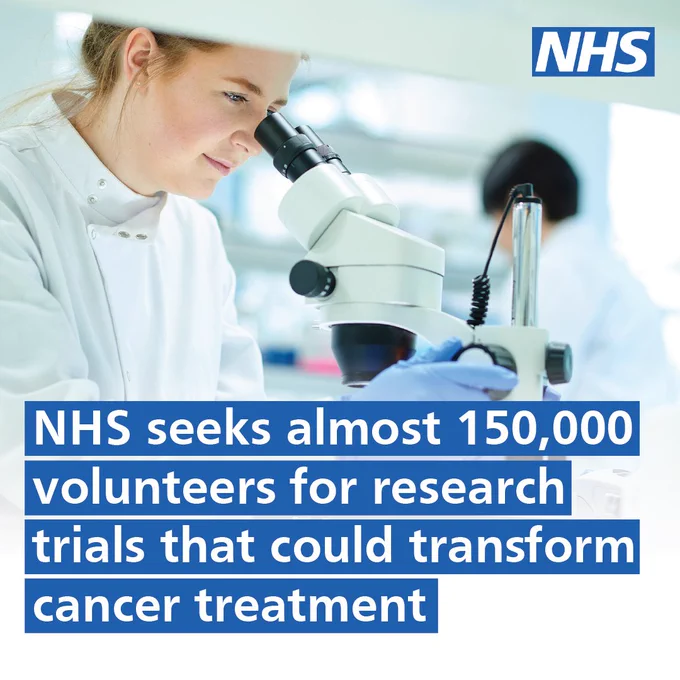 Images reads ' NHS seeks almost 150,000 volunteers for research trials that could transform cancer treatment.' Behind the text is a researcher wearing a white laboratory coat and  is looking through a microscope.