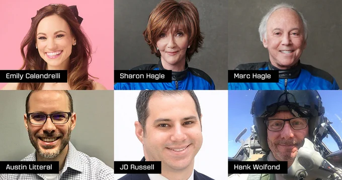 Collage of six individuals, from top to bottom, left to right: Emily Calandrelli, Sharon Hagle, Marc Hagle, Austin Litteral, JD Russell, and Hank Wolfond.
