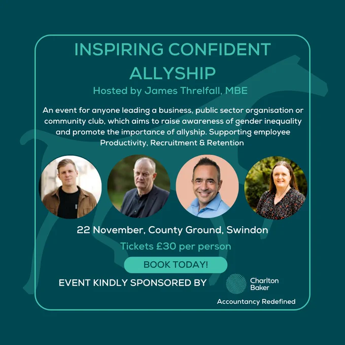 Promotional graphic for Inspiring Confident Allyship, featuring images (left to right) of James Threlfall MBE (host), Frank Mullane MBE, Jeremy Blain, and Kate Rowland.