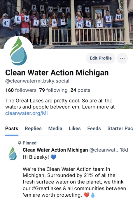 Cleanwatermi.bsky.social "The Great Lakes are pretty cool. So are all the waters and people between em. Learn more at cleanwater.org/MI"