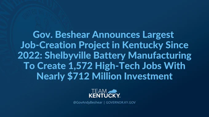 Gov. Beshear Announces Largest Job-Creation Project in Kentucky Since 2022: Shelbyville Battery Manufacturing To Create 1,572 High-Tech Jobs With Nearly $712 Million Investment