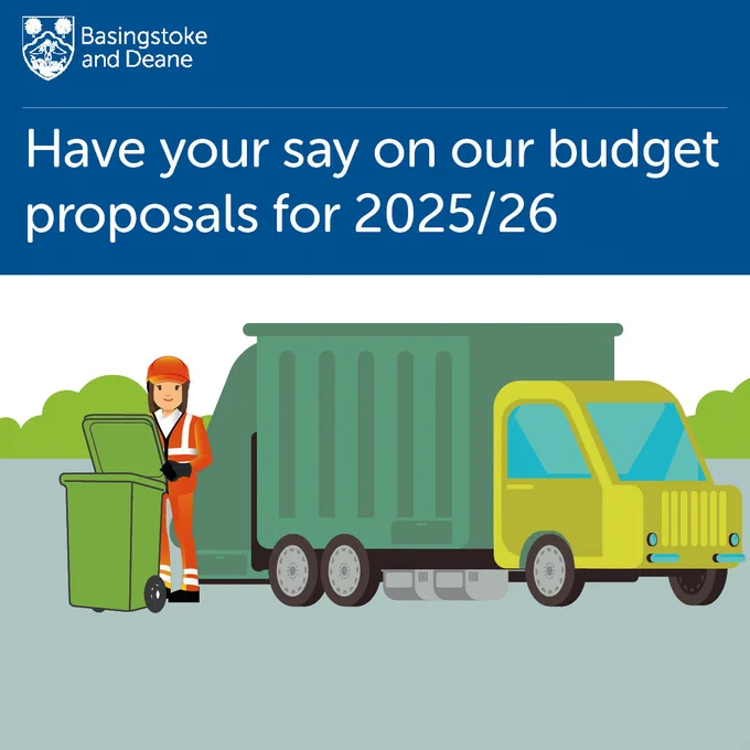 A graphic of a waste collection vehicle with a person weating high vis standing beside a green recycling bin 