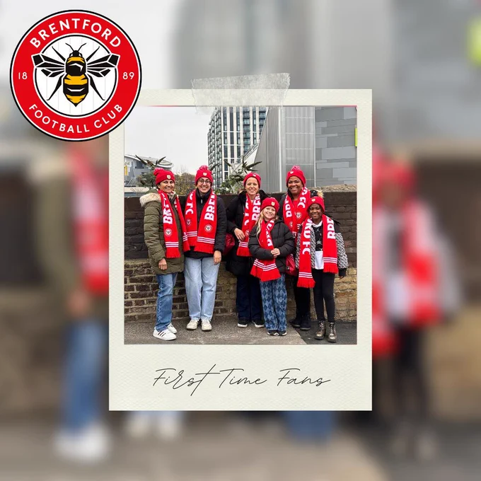 Brentford FC logo with a photoframe of 6 Brentford fans wearing scarves and bobble hats