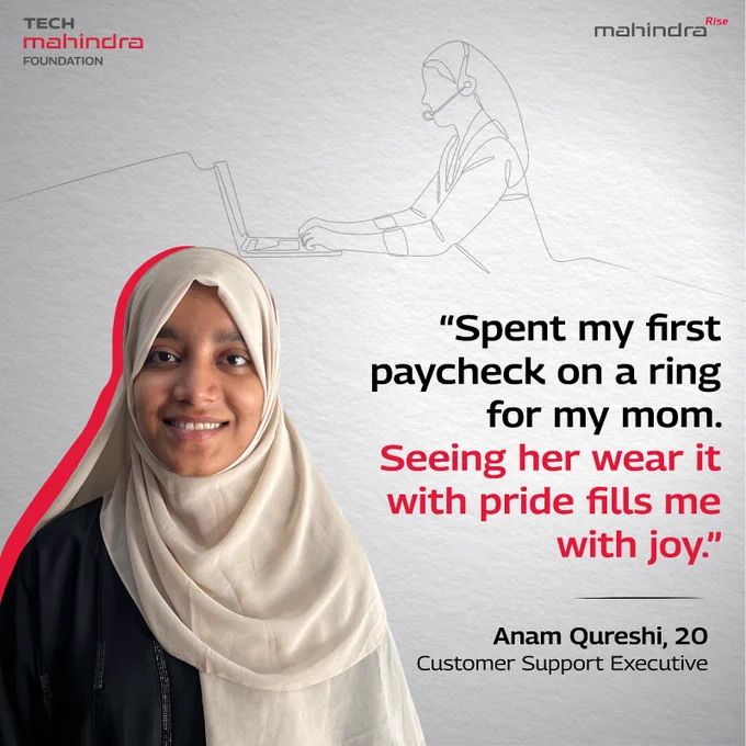 An image of a smiling girl with the text "Spent my first paycheck on a ring for my mom. seeing her wear it with pride fills me with joy."