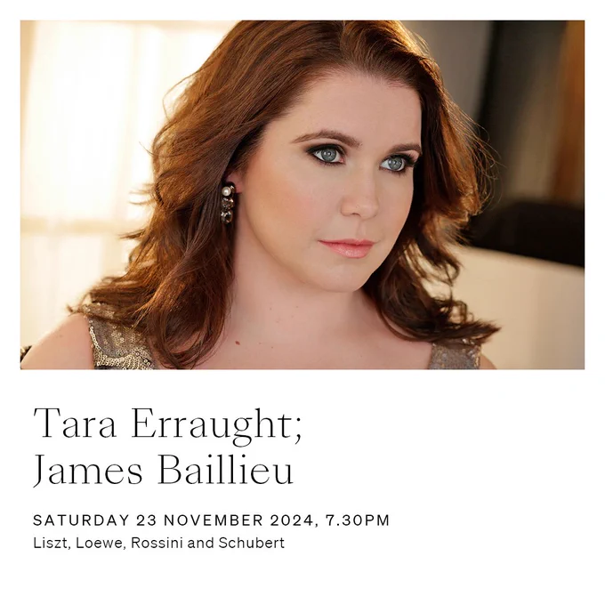 Tara Erraught; James Baillieu. Saturday 23 November 2024, 7.30pm. Liszt, Loewe, Rossini and Schubert. Mezzo-soprano Tara Erraught poses in a sparkly gold dress with auburn hair and smoky eye makeup. 