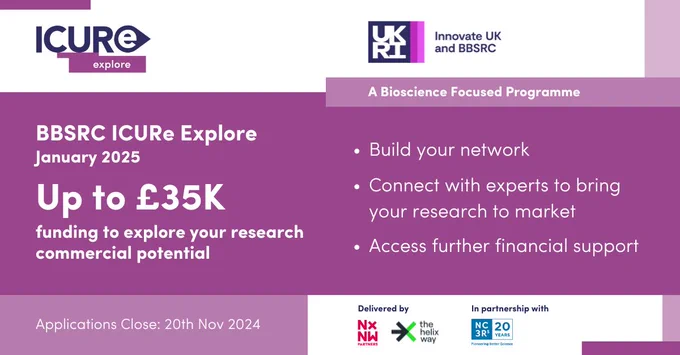 BBSRC ICURe Explore, January 2025. Up to £35k funding is available to explore your research commercial potential. A bioscience focused programme to build your network, connect with experts to bring your research to market and access further financial support. Applications close: 20th Nov 2024.