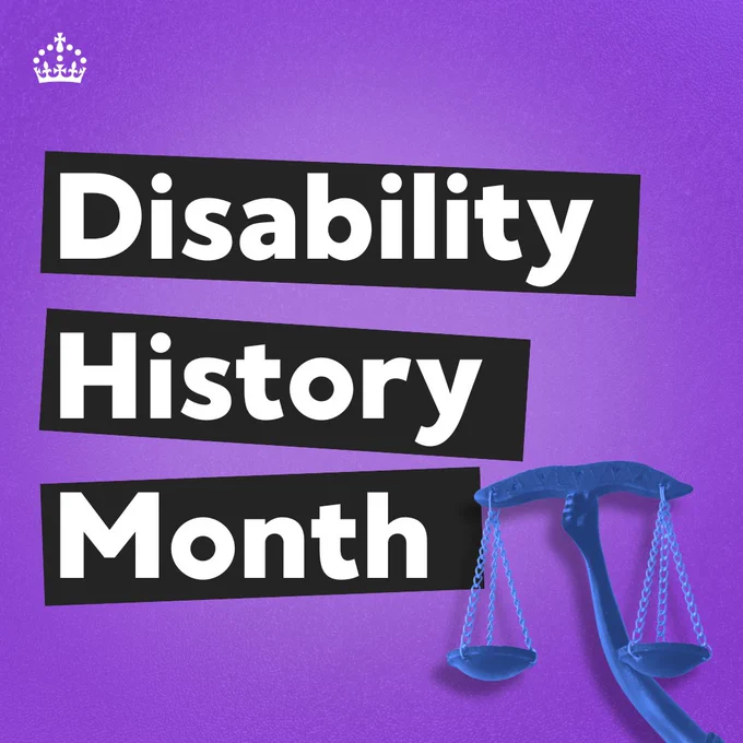 Purple square graphic featuring the HMG crest at the top-left and an icon of justice scales supported by a hand at the bottom-right. The text “Disability History Month” appears in a bold white overlay.