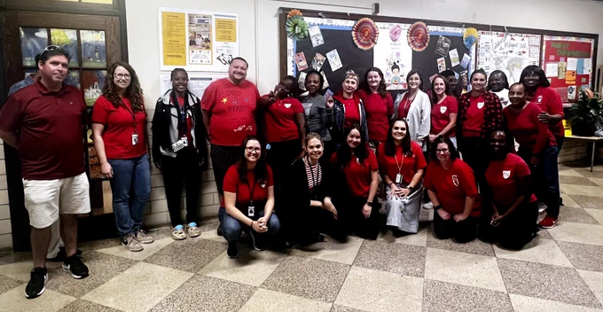 PFT members at Catharine School wear red in solidarity for a new contract