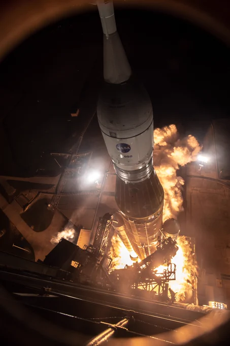 A camera on the mobile launcher shows the rocket and spacecraft lifting off as umbilical arms swing away to provide a clean path for the rocket’s ascent. The ESA and NASA logos can be clearly seen on the rocket's white fairing. (Photo: NASA/Chris Coleman, Kevin Davis).