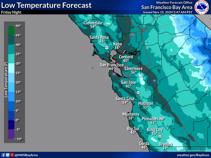 Map of central CA and the Bay Area showing the low temperature forecast for Friday night. Lows will be in the upper 30s to lower 40s for most, and near or below freezing for interior areas of the central coast and north bay.