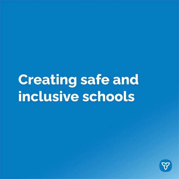 A bright blue background. Text reads: Creating safe and inclusive schools