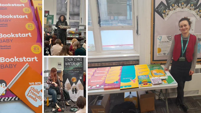 Our Bookstart packs, storytelling and music at the event, and BookTrust staff member Lizzie next to a table of our packs and books