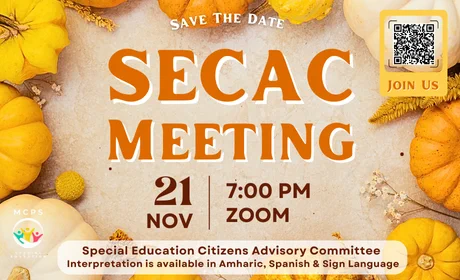 SAVE THE DATE: November SECAC Meeting
Special Education Citizens Advisory Committee
Thursday, November 21 at 7PM
~~~~~~~
Please complete this form to sign up to participate in 2024-2025 SECAC Monthly Meetings and to receive emails:
https://docs.google.com/.../1FAIpQLSdLWpc59uQ3iZ.../viewform
