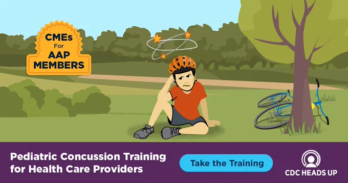 A child sitting on the ground and holding their head in a park after hitting a tree on their bike. Text overlay reads “CMEs for AAP Members.” Bottom banner text overlay reads “Pediatric Concussion Training for Health Care Providers. Take the Training.”