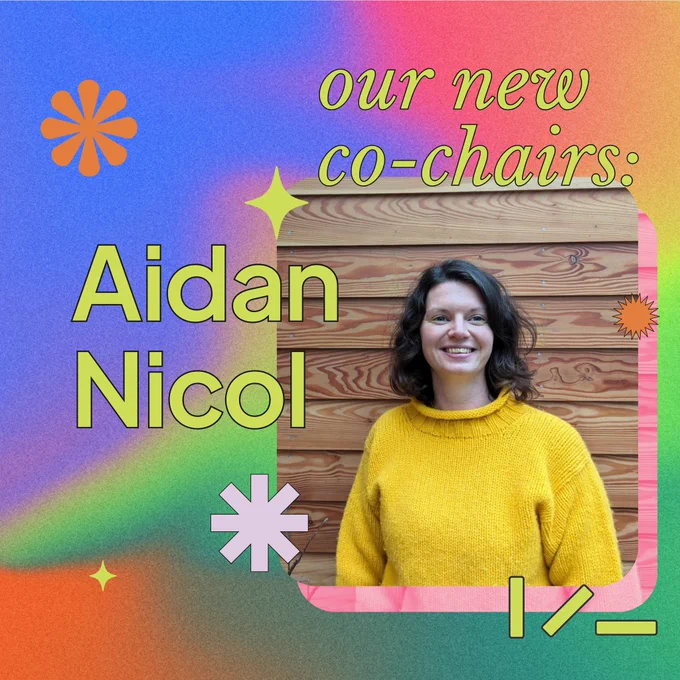 A colourful graphic with a photo of Aidan Nicol, who has dark hair and is wearing a yellow jumper. She is smiling.