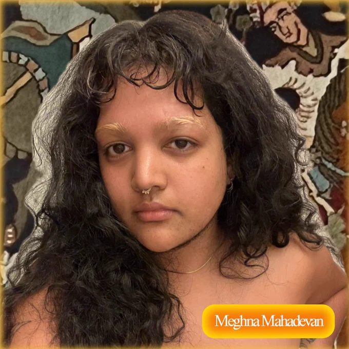 Meghna, a brown skinned person smiling a lil, wears a light pink rouged tube top with curly curly jet black hair, a septum ring, and bleached eyebrows against a textile backdrop with images of mughal soldiers on horses with knives and bunnies jumping around