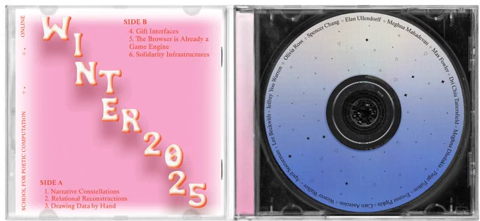 Winter 2025 announcement graphic, it’s an open cd case, on the left the booklet has ‘Winter 2025’ and the names of the classes. On the right, there’s a cd with the season’s names of teachers and assistant teachers.