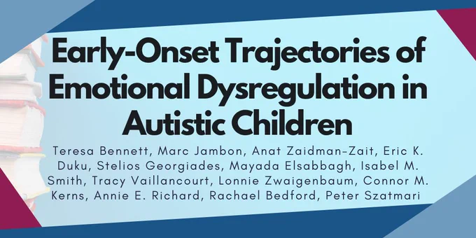 The study title reads, "Early-Onset Trajectories of Emotional Dysregulation in Autistic Children". The study authors include Teresa Bennett, Marc Jambon, Anat Zaidman-Zait, Eric K. Duku, Stelios Georgiades, Mayada Elsabbagh, Isabel M. Smith, Tracy Vaillancourt, Lonnie Zwaigenbaum, Connor M. Kerns, Annie E. Richard, Rachael Bedford, and Peter Szatmari.