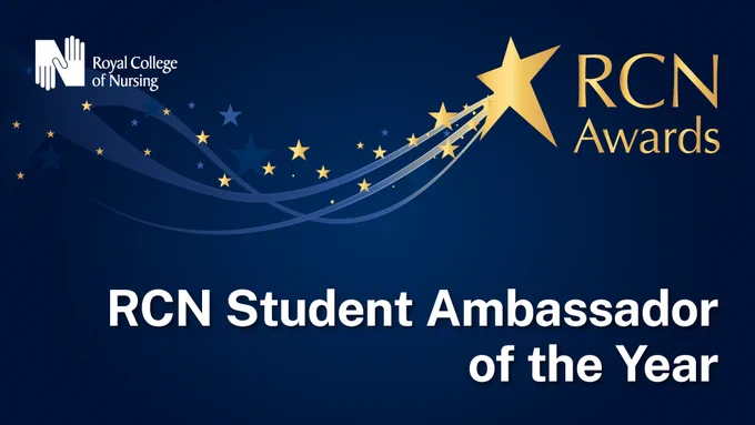 Logo for the RCN Awards featuring a graphic of a shooting star with a trail of smaller stars, next to the text 'RCN Student Ambassador of the Year' on a dark blue background.