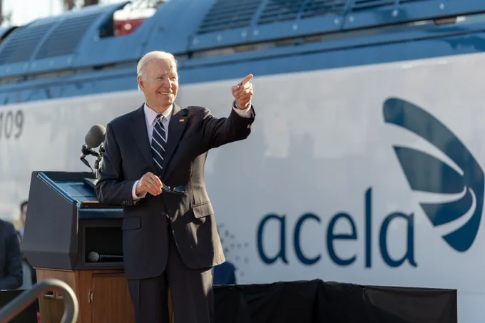 President Biden delivers remarks at the Falls Road Amtrak maintenance building in Baltimore, Maryland.