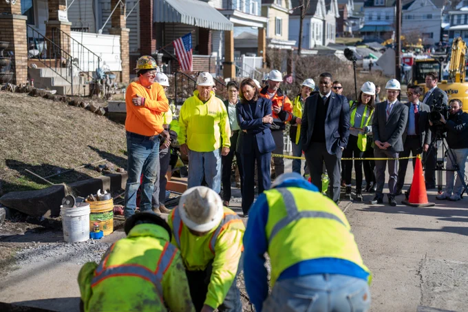 Vice President Harris visits an active construction site where union workers are removing lead pipes in Pittsburgh, Pennsylvania.
