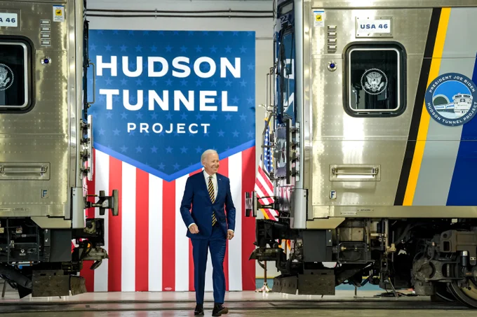 President Biden delivers remarks at the Hudson River Tunnel Project at the West Side Rail Yard in New York.