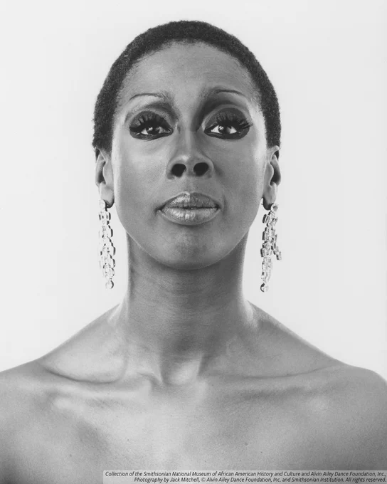 A black-and-white close-up portrait of Judith Jamison.