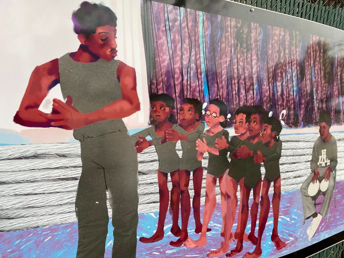 A colorful painting of a Black dane instructor demonstrating a pose with head turned and hands touching as 6 young Black girls in leotards watch closely and follow along. A boy sits in a chair with bongo drums, and a purple and blue curtain hangs behind.