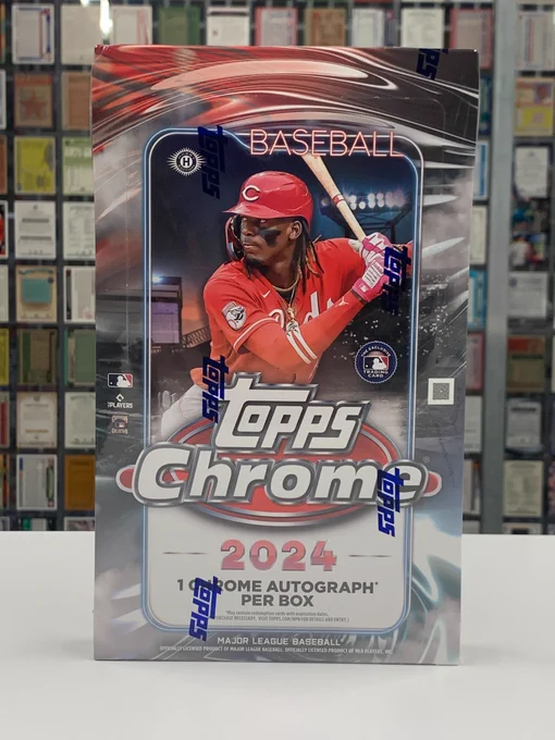 Topps Chrome 2024 Hobby Box (24 packs per box, 4 cards per pack, 1 Chrome autograph per box, featuring Elly De La Cruz on the cover in a Reds uniform.