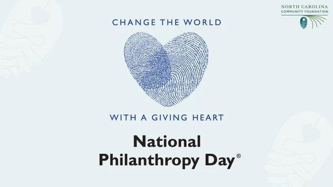 National Philanthropy Day logo: A heart made out of two thumbprints with text reads Change the world with a giving heart above the NCCF logo