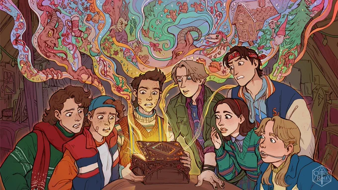 Enchanting art of the Critical Role cast's character art for our upcoming Daggerheart Critmas live show, depicting 80's style teens surrounding a magical box that's opening to reveal swirls of color and light intertwined with creatures and landscapes - by Annalise Jensen 