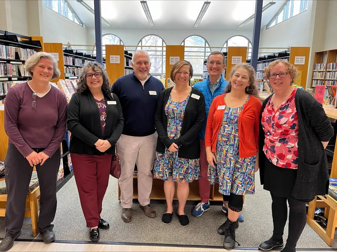 Library visit in Williamstown with library staff and Commissioners! (From L to R: Milne Public Library Trustee Bridge Spann, MBLC Chair Vicky Biancolo, MBLC Vice Chair Tim Cherubini, MBLC Director Maureen Amyot, Berkshire Athenaeum Director Alex Reczkowski, MBLC Commissioner Karen Traub and Milne Public Library Asst. Director Kristen Rose.)