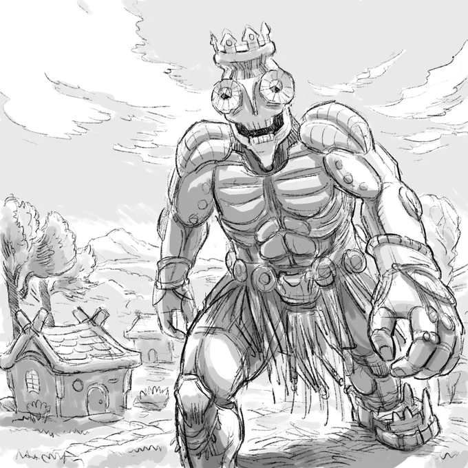 An idol stalks menacingly through a village of quaint cottages.