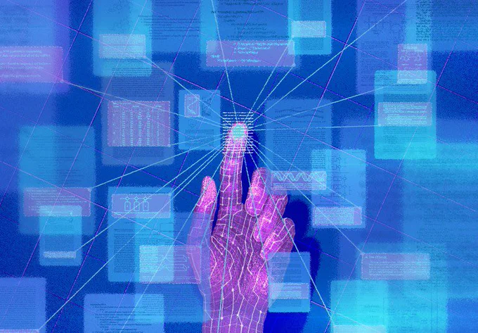 #Accessibility: A purple digitalized hand is touching a screen that seems to be depicting many different scientific articles