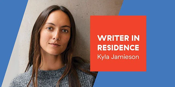 Photo of poet Kyla Jamieson, the 2024 VPL Writer in Residence. A red text box reads: Writer in Residence Kyla Jamieson