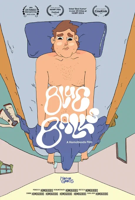 box cover for Blue Balls shows the main character waking up in bed