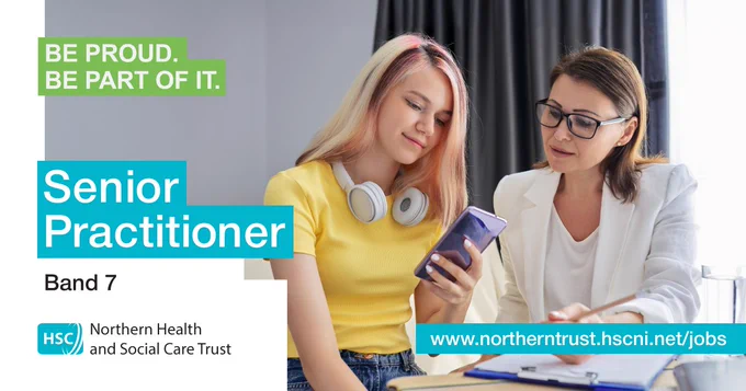A medical professional engages with her patient/service user.

Text reads:

"Be Proud
Be Part of it.

Senior Practitioner Band 7

www.northerntrust.hscni.net/jobs"

The Northern Health and Social Care Trust logo sits at the bottom right.