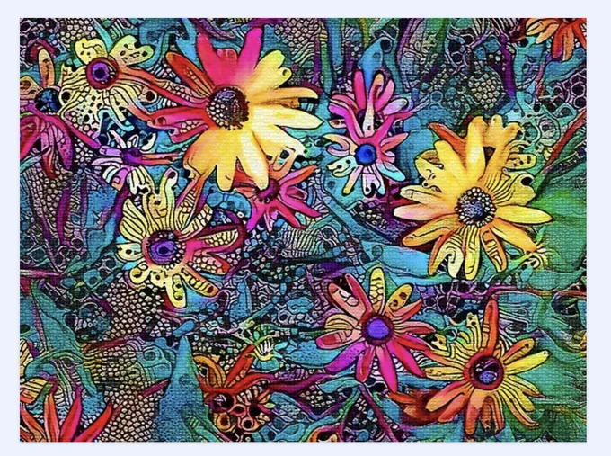 In this colorful, textured canvas, bright pink and yellow flowers dance around organic shapes as if in some psychedelic garden. Pulsating with life, this mod painting is sure to enliven your mood and bring a smile to your face every time you view it. Equally fantastic as wall art or items of home decor!