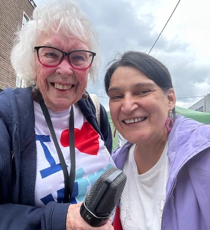 Picture shows volunteer Ros out in the Civic doing a vox pop as part of Earth Week. Wythenshawe FM are raising funds for additional global heating programmes to build on our Earth Week shows, Carbon Literate Places founder membership, and G-MAST membership.