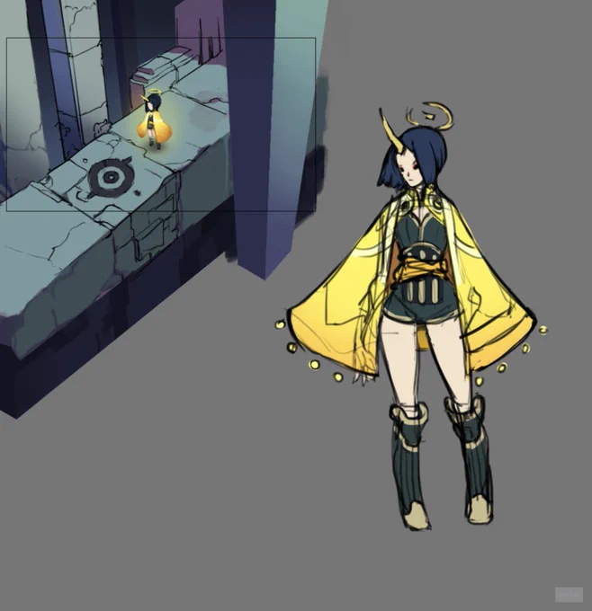 on right side, sketch of a single horned oriental looking girl, bob style short haired, wearing bright yellow baggy sleeve and oriental top. 

on top left, there is an isometric view of ruins, and the same character in chibi proportion