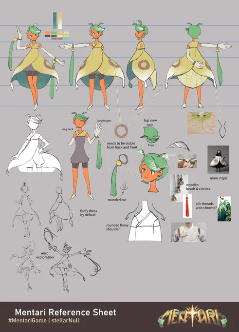 character reference sheet for a tan-orange-ish skinned girl with green short hair, wearing a blooming broken-yellow dress with moth motif.

on the bottom text: Mentari Reference Sheet, #MentariGame, stellarNull