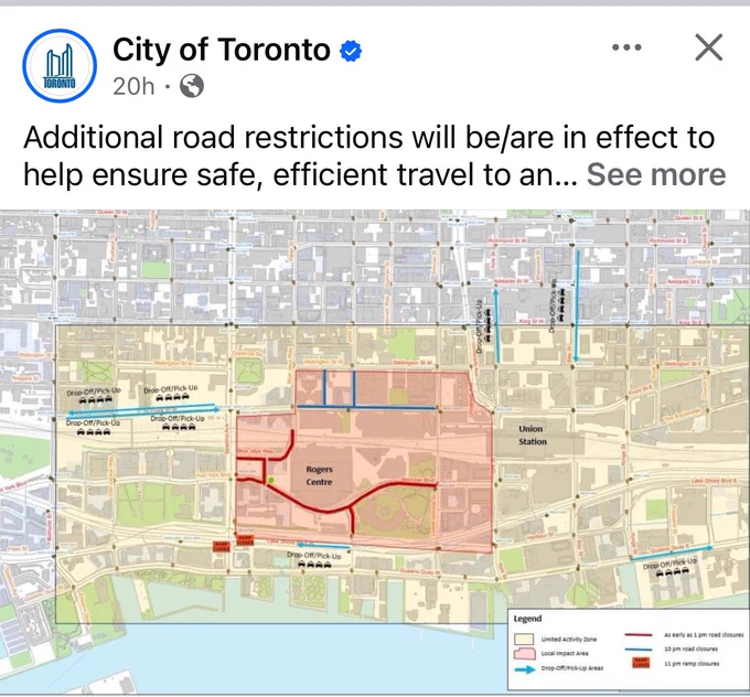 Screen shot of social media graphic from City of Toronto showing area where roads where car traffic is limited during Taylor Swift’s six concerts in Toronto