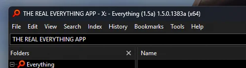 a screenshot of the search tool 'everything' showing a search term for 'THE REAL EVERYTHING APP'. the title bar shows the search is focused on the 'X:' drive.