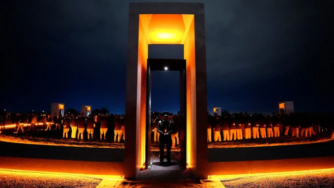 The Texas A&M University Bonfire Memorial at night.