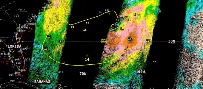 Same contour for 12 ft seas and wave observations as previous images, overlaid on 1400-1500 UTC ASCAT scatterometer wind data. Red colored flags indicate wind speeds of 30-33 kt and dark blue flags indicate 34-38 kt. Bermuda is located just NW of the low center.